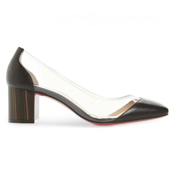 Christian Louboutin Grandola 55 Black Leather PVC Bois Block Heel Sandal Pump 37 - Picture 1 of 12